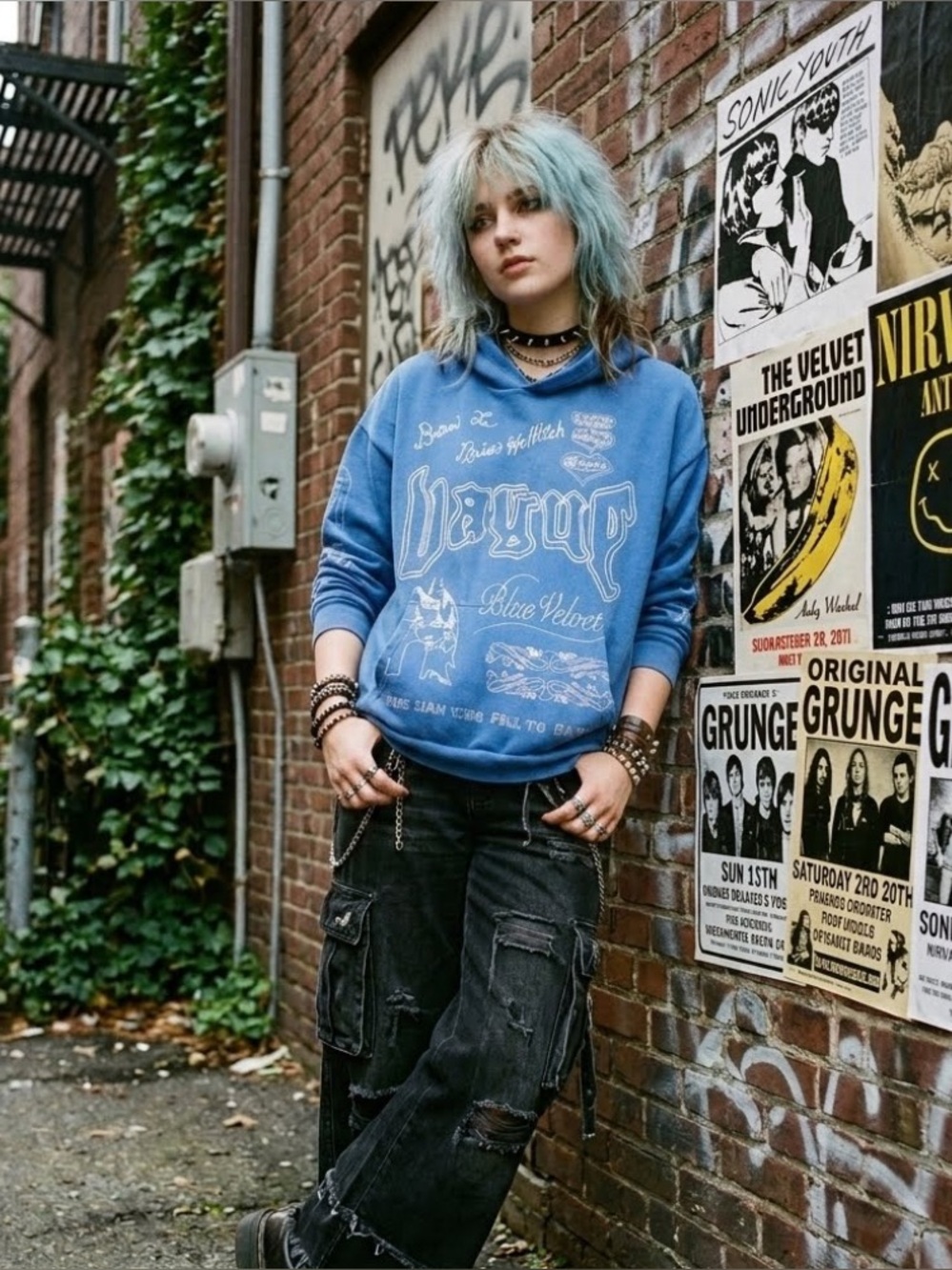 Vague Studios FL Graphic Pullover Hoodie - Blue Size S Streetwear Indie Grunge